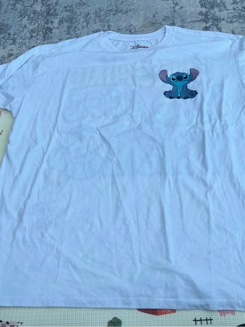 Disney White Short Sleeve Tee with Blue Stitch Patch and Full Back Design